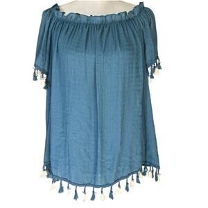 Shein Curve Blue White Tassle Top 0XL